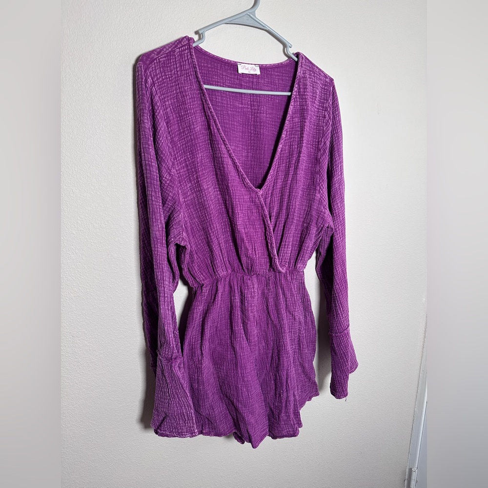 Fiesta Friday Purple Romper long sleeves distressed KRISTA X PINK LILY sz large - Picture 2 of 6